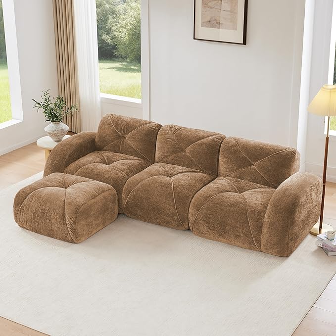 110-Inch Cloud Sectional Couches L-Shaped 4 Seat Boneless Modular Sofa with Ottoman Velvet Tufted Upholstered Boneless Couch Floor Full Foam Sofas for Living Room