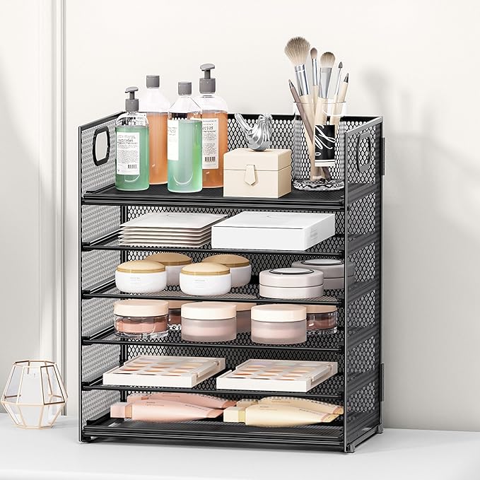 Subekyu 2-Pack 6-Tier Paper Tray Organizer for Desk - Black Mesh File Folder Sorter with Handles Desk Letter Holder for Office Home School Supplies Storage &amp Organization