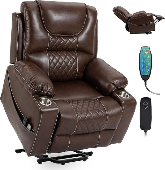 Power Lift Recliner Chair Sofa with Massage and Heat for Big and Tall ElderlyInfinite PositionsSingle MotorCup Holdersand USB PortsFaux Leather Home Theater Seat
