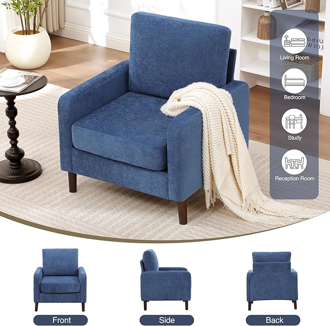 Accent Chair for Living Room Modern Reading Chair for Bedroom Upholstered Armchair with Wood Legs and Side Pockets Single Sofa Side Chair for Office Small Room Apartment Blue Black