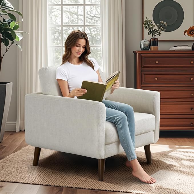ELUCHANG Accent Chair Set of 1 Oversized Mid Century Modern Arm Chair Soft Linen Fabric Sofa Chairs Upholstered Comfy Chair for Living Room Bedroom Apartment (Creamy White)