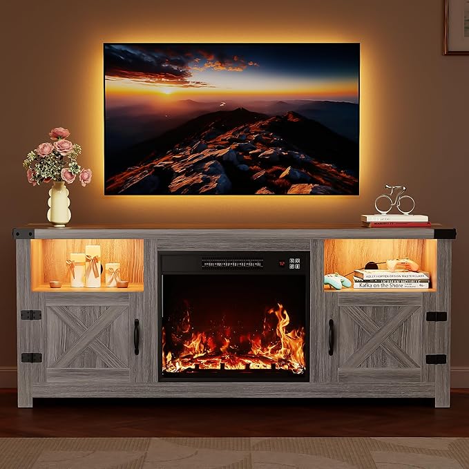 YESHOMY LED Fireplace TV Stand with Mood Lighting TV Cabinet with Open Shelf Farmhouse Media Console with Hidden Cable Routing Entertainment Center for Televisions up to 65+ Inch Gray Wash