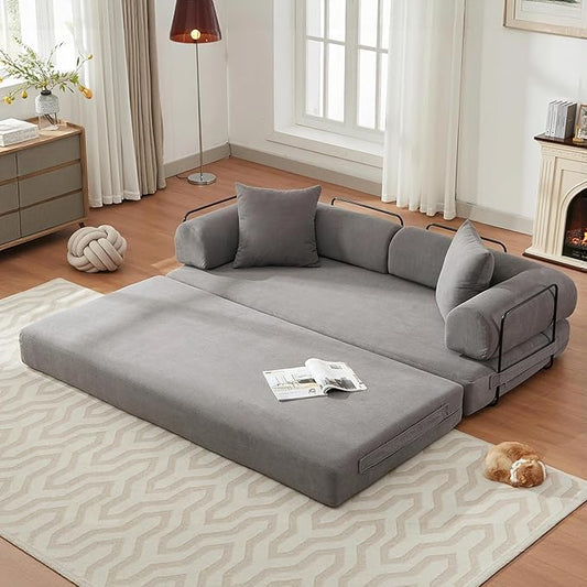 Convertible Sleeper Sofa Bed with Cylindrical Pillow Corduroy Folding Mattress Couch with Fixed-Shape Frame Floor Sofa Lounge Couch for Living Room Bedroom Lounge Studio-Grey