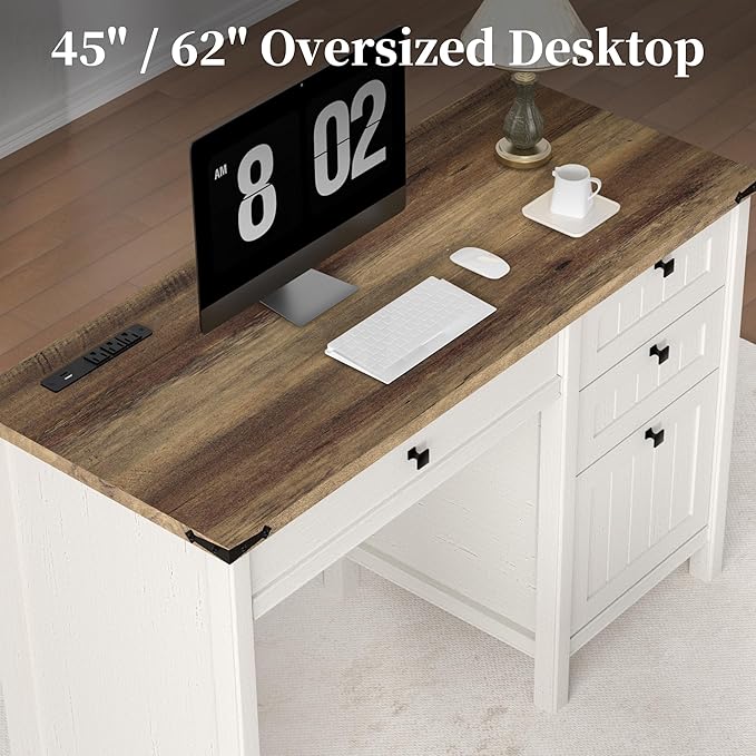 Executive Desk Farmhouse Computer Desk with Drawers &amp Cabinet Home Office Desk for Work Study Writing Workspace (Antique White 45)