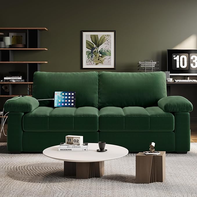 Yaheetech 79 Velvet Modern Sofa Couch with Storage Pockets and USB Ports 2 Seater Comfy Loveseat Sleeper with Removable Armrest Pillow &amp Cover for Living Room Apartment Bedroom Green