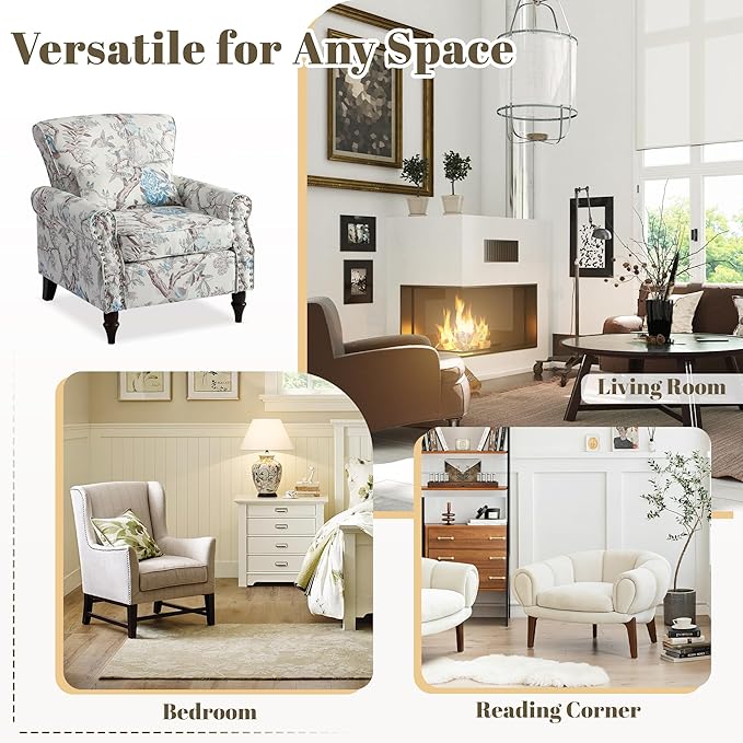 Oversized Floral Accent Chair Set of 2 Upholstered Living Room Armchair with Wooden Legs Comfy Reading Lounge Chair for Bedroom Home Office (Floral &amp Bird Pattern)