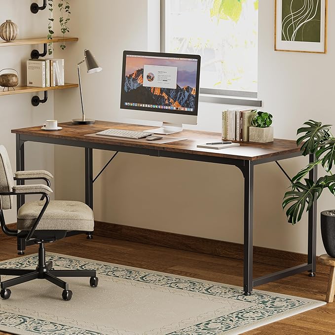 Huuger Computer Desk 70 Inch Office Desk Gaming Desk with Storage Writing Desk Work Desk for Home Office Study Long Simple Desk Large Legroom Metal Frame Rustic Brown
