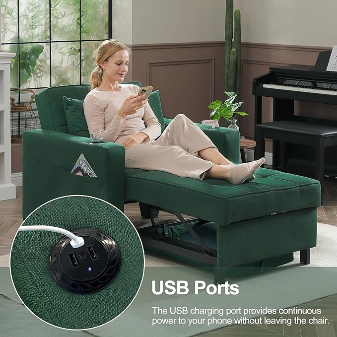 DURASPACE 36.6 Inch Sleeper Chair 3-in-1 Convertible Chair Bed Pull Out Sleeper Chair Beds Adjustable Single Armchair Sofa Bed with USB Ports Side Pocket Cup Holder (Forest Green Linen)