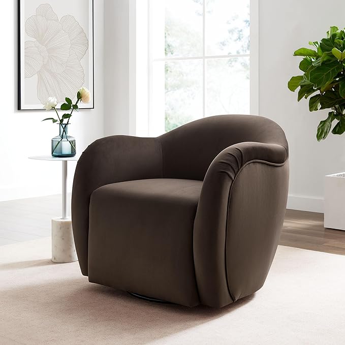 Modway Compose Performance Velvet Swivel Armchair in Chocolate Brown - Barrel Accent Chair - Comfy Round Single Sofa Chair with 360° Rotation - Modern Upholstered Club Chair for Living Room Bedroom
