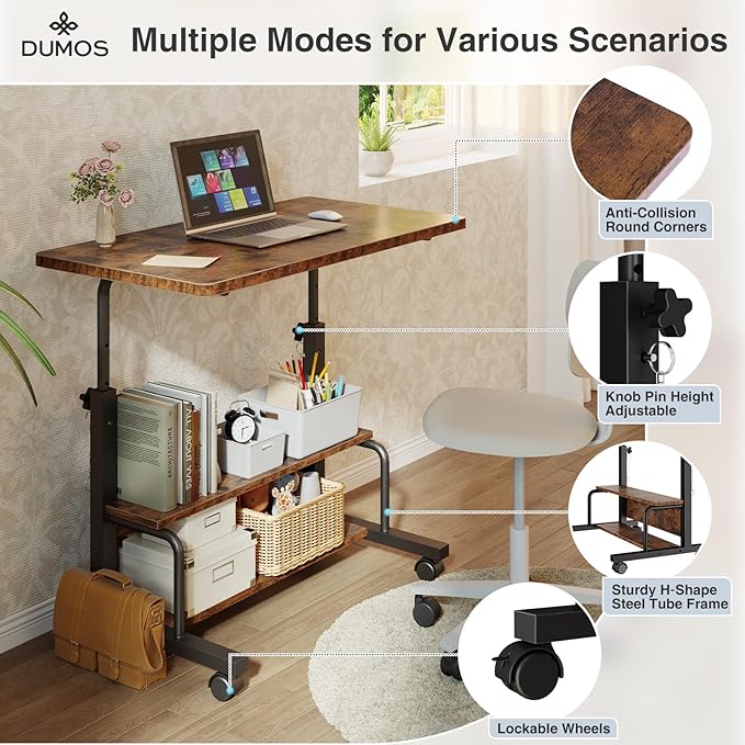 DUMOS 31.5 Manual Standing Desk Height Adjustable Mobile Computer Desk with Lockable Wheels &amp 2-Tier Storage Rolling Laptop Table for Small Spaces &amp Home Office Rustic Brown
