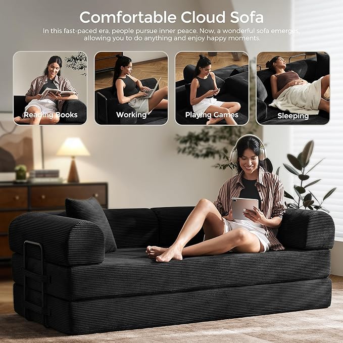 79 Convertible Sofa Bed with Fixed-Shape Frame &amp Removable Armrests Modular Corduroy Sleeper Sofa Folding Mattress Couch for Small Spaces - No Assembly Needed in Black (Includes 2 Pillows)