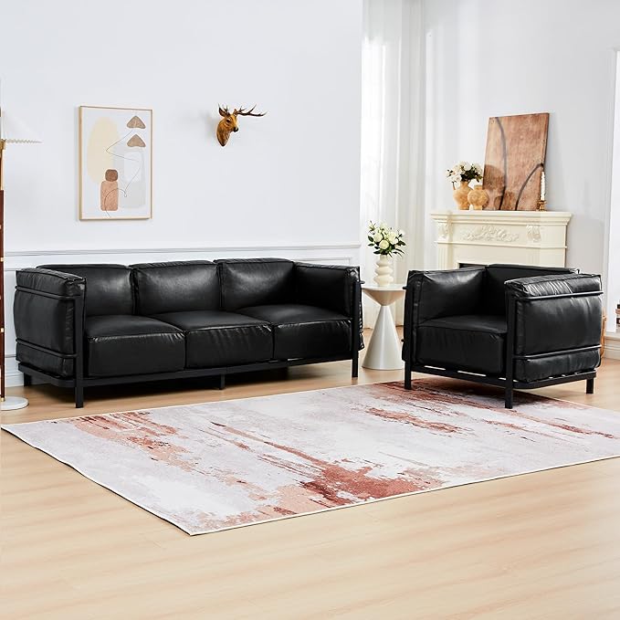 QHITTY 3 Seater Accent Sofa Mid-Century Modern Upholstered Couch Chair Faux Leather Sofa Couch with Iron Frame and Upholstered Armrest Backrest Cushion for Living Room Office Apartment (Black)