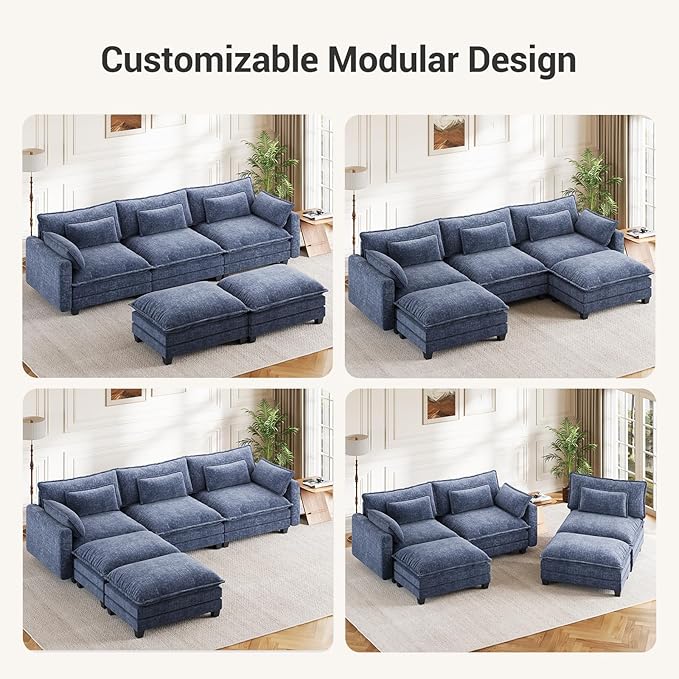 Pipishell 110.6 U-Shaped Modular Sectional Sofa 5-Seat Modern Chenille Deep Seat Comfy Cloud Couch with 2 Movable Ottoman &amp Throw Pillows for Living Room Bedroom and Apartment Blue