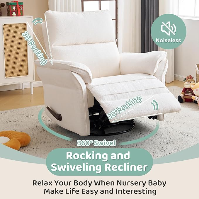 Oversized Rocking Chair Nursery with Adjustable Headrest 26 Extra Wide Glider Recliner Nursery Chair for Nursery 360° Swivel Rocker Recliner with Overstuffed Armrest White