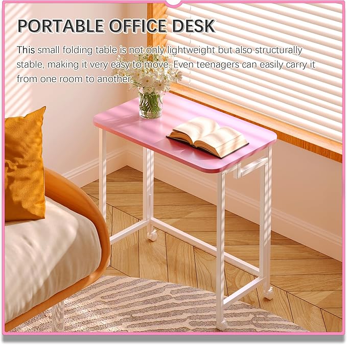 4NM 23.6 Mobile Small Rolling Computer Desk Folding Laptop Cart Table with Wheels Portable Office Desk for Small Space Couch Bed - Pink and White