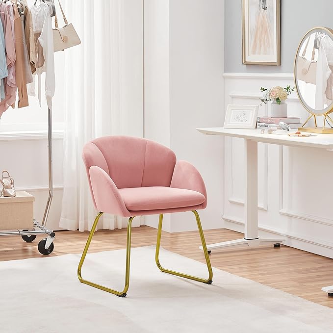 Yaheetech Flower Shape Velvet Vanity Chair Modern Side Armchair Makeup Chair no Wheels with Golden Metal Legs for Living Room/Dressing Room/Bedroom/Home Office/Kitchen Pink