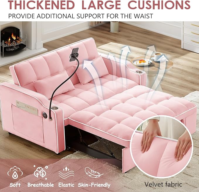 3 in 1 Convertible Sofa Bed Velvet Pull Out Couch Bed w/ Adjustable Back Love Seat Sleeper Beds w/ USB Ports &amp Cup Holders Phone Stand Full Size Futon Couch for Living Room Small Spaces (Pink)