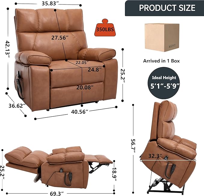 Oversized Power Lift Recliner Chair for Elderly Dual Motor Lift Chair with Vibration Massage &amp Lumbar Heating Standing Assistance Recliner with Cup Holders for Living Room - Faux Leather Orange