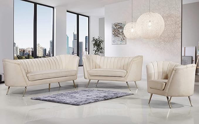 Meridian Furniture Margo Collection Modern | Contemporary Velvet Upholstered Loveseat with Deep Channel Tufting and Rich Gold Stainless Steel Legs Cream 65 W x 30 D x 33 H