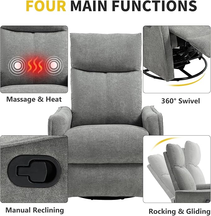 Swivel Rocker Recliner Chair 360° Swivel Recliner with Heat and Massage Rocker Recliner Easy to Clean Nursery Glider Recliner Chair with Side Pockets for Living Room Light Grey