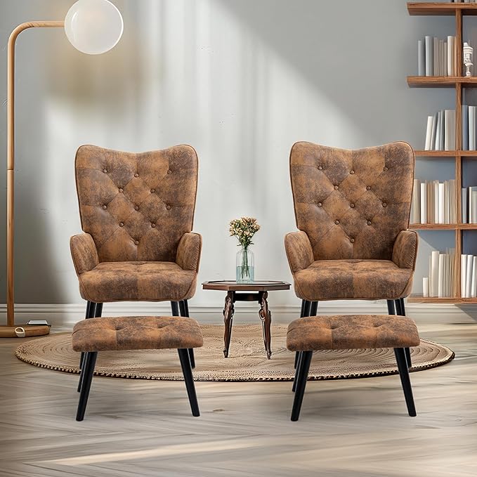 ECOTOUGE 2 Pieces Accent Chair with Ottoman Button Wingback Chair Wingback Leisure Single Sofa Arms Upholstered Tall Back Leather Chairs for Bedroom Brown (Anti-Skid Feet Caps)