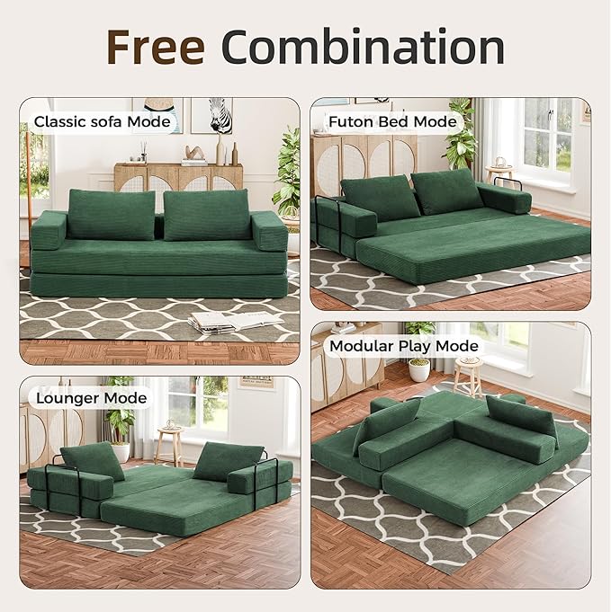 Convertible Sofa Bed 4-in-1 DIY Combination Modular Couch with Pillows Comfy Boneless Sleeper Sofa Bed with Fixed-Shape Frame Corduroy Convertible Lounge Couch for Living Room Green