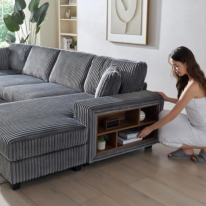 79.5 Oversized Double Chaise Lounge Chair Indoor Modern Upholstered Sleeper Sofa Bed with 2 Storage Armrests &amp Throw Pillows Comfy Fluffy Corduroy Couch for Living Room (Grey 79.5 Double Chai