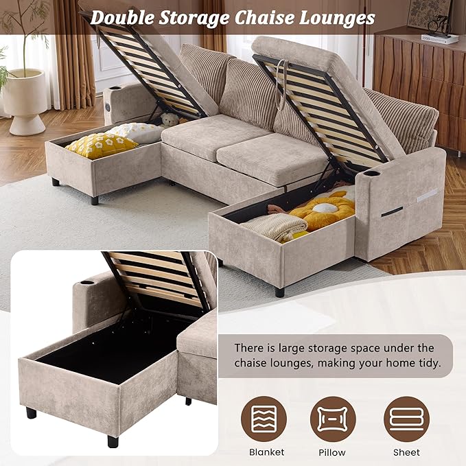 Merax Pull-Out Sofa Bed Sleeper Pull Out Sectional Couch with Storage USB Cup Holder for Apartment Living Room Brown