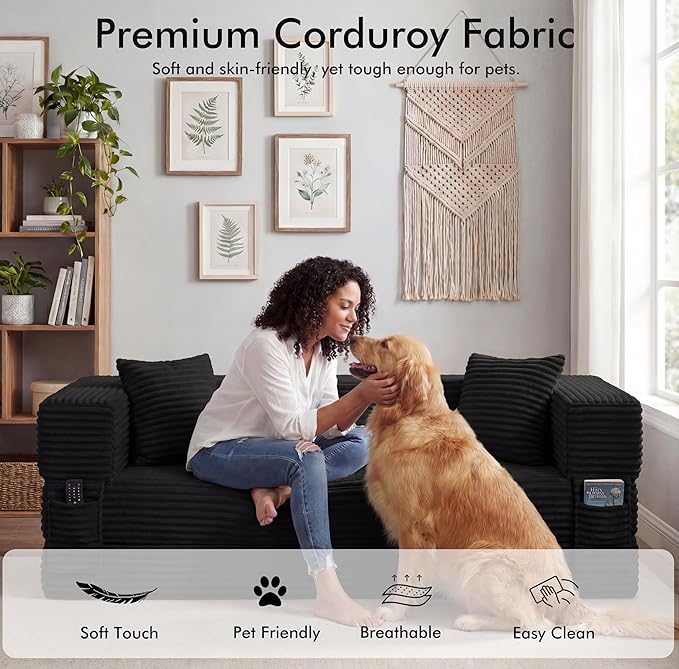 78.8 Convertible Sofa BedFuton Boneless CouchFolding Pull Out Futon Sofa (Black) | Convert to bed Storage Pocket No Assembly Corduroy Fabric Family size Ease of assembly