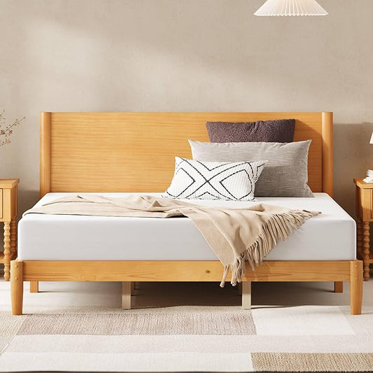 AMERLIFE Solid Wood King Size Bed Frame Mid Century Modern Platform Bed with Full Panel Headboard Noise-Free &amp Cylindrical Legs No Box Spring Needed Under-Bed Storage Natural Wood