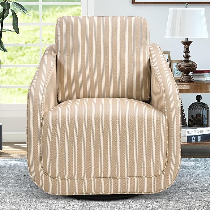 CANMOV Swivel Accent Chair Square Chair Suitable for Use in Living Room Bedroom Small Spaces and can Swivel Smoothly. Swivel Barrel Reading Chair with Thick Padded Backrest Cushion Brown Stripe