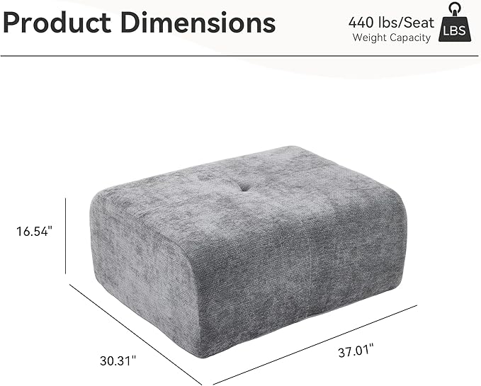Large Ottoman 37 Inch Rectangle Footrest for Couch with Memory Foam and Chenille Upholstered Plush Floor Seating and Coffee Table for Living Room No Assembly Required Grey