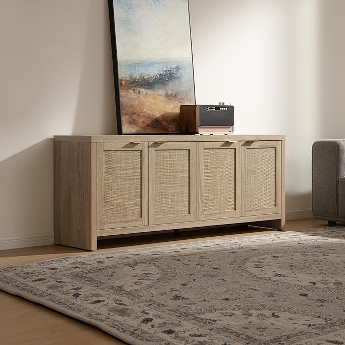 SICOTAS TV Stand for Living Room Boho Entertainment Center for Bedroom with 4 Rattan Cabinets Farmhouse Television Stands with Storage Large Media Console Table for TVs up to 65 Inch