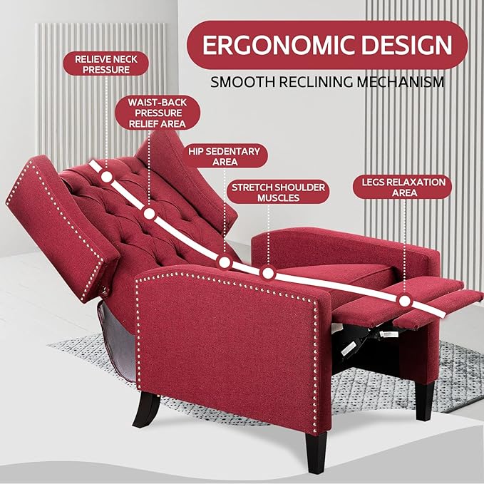 Recliner Chair for Adults Red Fabric Accent Chairs Living Room Mid-Century Modern Recliner Button Tufted Club Chair Upholstered Vintage Reclining Reading Arm Chair 27 Wide