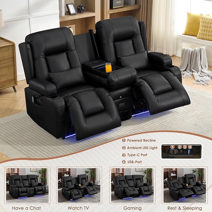 TUNYI Wall Hugger Loveseat Recliner Sofa with Console Power Reclining Loveseat RV Couch with Massage &amp Heat/USB/Outlet/Storage/LED Light/Speaker (Black)