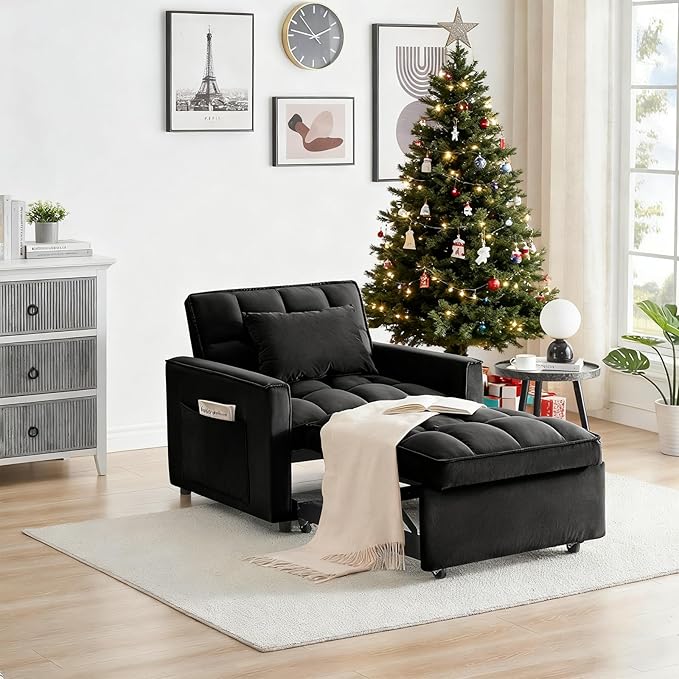 3 in 1 Convertible Sleeper Chair Modern Pull Out Couch Bed Single Recliner with Adjustable Back Velvet Futon Folding Sofa Bed Chair for Living Room Bedroom Small Spaces (Black)