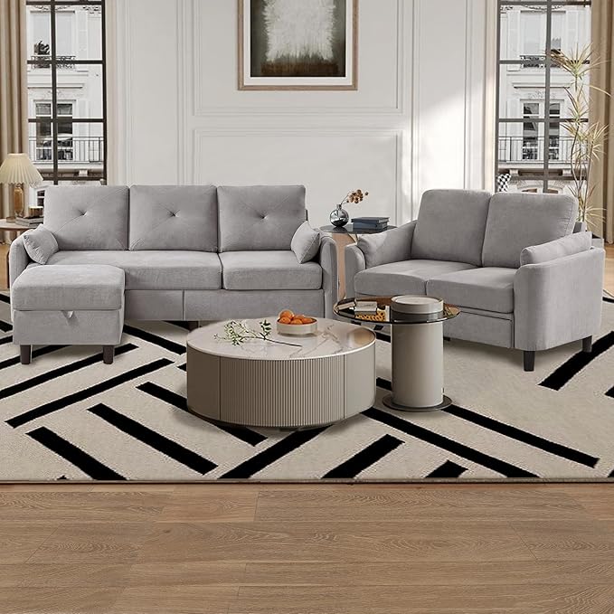 Convertible Sectional Sofa 3 Seater Sofa and Loveseat SetsModern L Shaped Couch with Reversible Chaise2 PCS Sofa Set Sectional Couch for Living Room Apartment Light Gray
