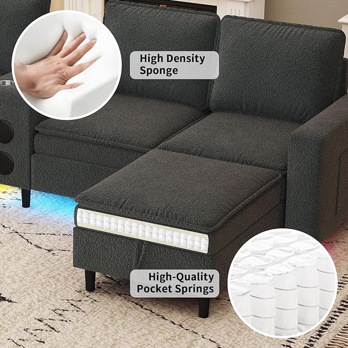 Sectional Couches for Living Room 6 Seat Sectional Sofa with Bluetooth Speaker/RGB Light/Charging Station Teddy Fleece U Shaped Couch with Storage Ottoman and Reversible Chaise Lounge - Dark Grey