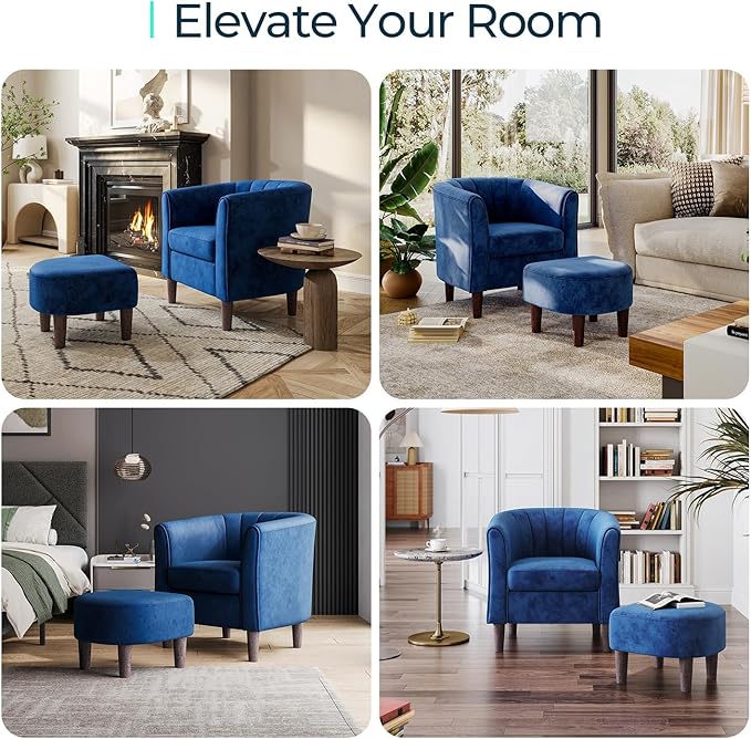 LINSY Accent Chair with Ottoman Modern Barrel Chair Small Armchair Reading Chair with Footrest Comfy Round Arms Chair for Living Room Bedroom Reading Room Velvet Blue