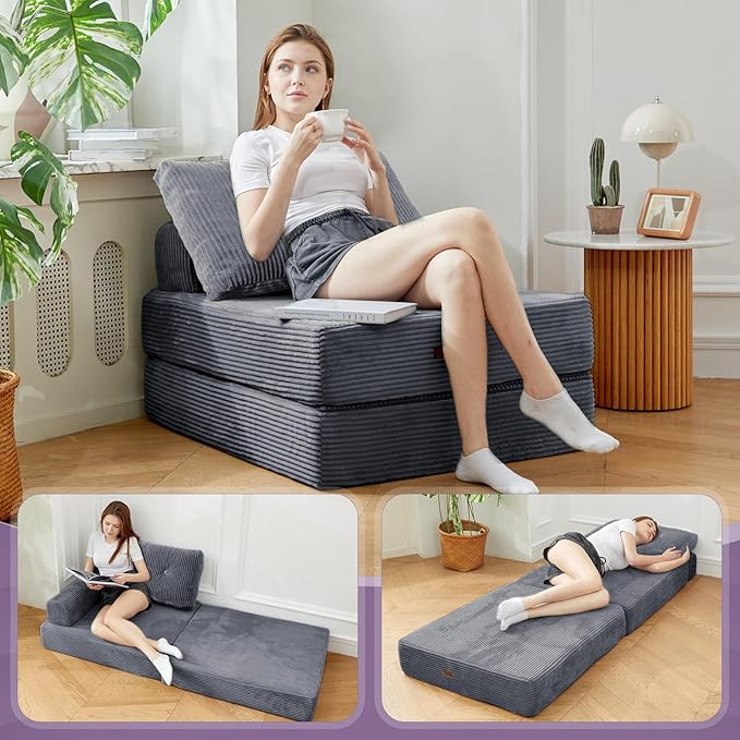 Folding Chair Bed Convertible Sofa Bed with PillowsFold Out Chair Bed with High-Density FoamChair Bed Sleeper for Adults Perfect for Living Room 、Hotel 、Apartment  Single Dark Gray