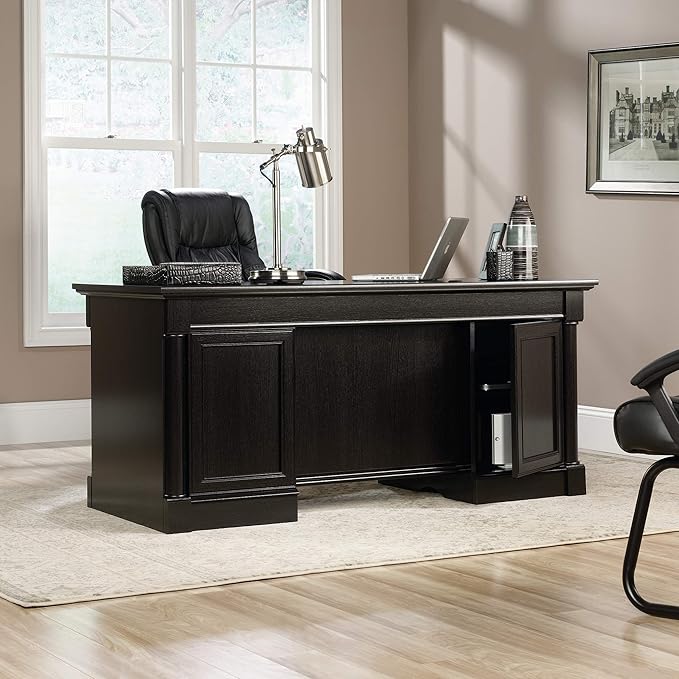 Sauder Palladia Office Desk with Drawers Executive Desk with File Cabinet Storage Cable Management Keyboard Tray in Wind Oak Finish