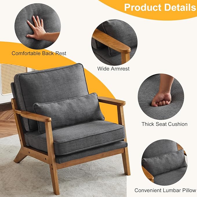 Karl home Accent Chair Wide Armrest Mid-Century Lounge Chair Linen Fabric Armchair with Lumbar Pillow &amp Solid Wood Frame for Living Room Bedroom Balcony Gray