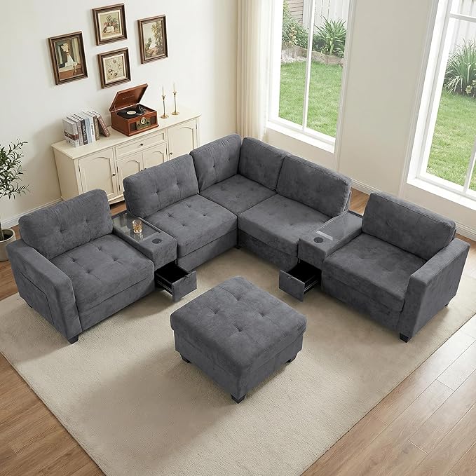 103'' Modular Sectional Sofa couch with 2 Acrylic Consoles Oversized U Shaped Couch Set with USB Charger Storage DrawersPockets and Movable Ottoman Chenille Sectional Couches for Living Room Gray