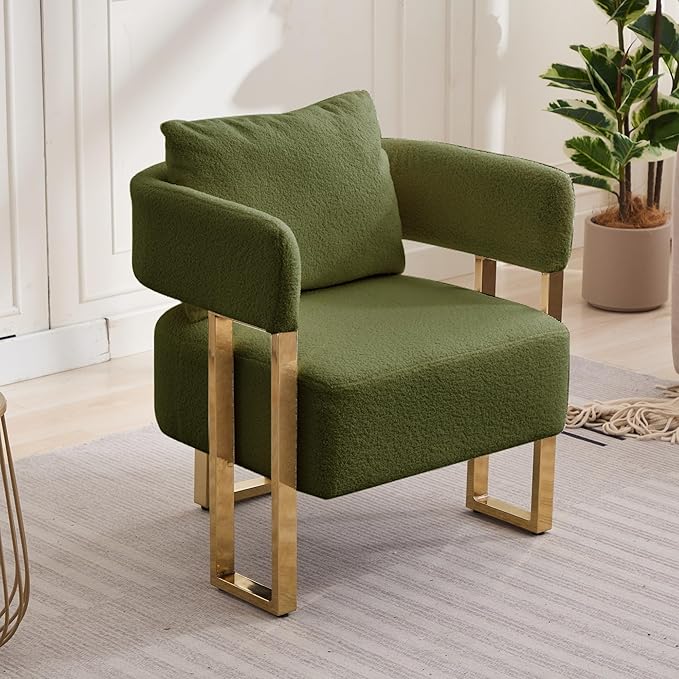 YISHENG Modern Barrel Accent Chairs Set of 2 Living Room Side Chairs with Golden Metal Legs Soft Teddy Upholstered Reading Armchairs no Wheels for Vanity/Reception Room//Bedroom/Lounge/Office Green