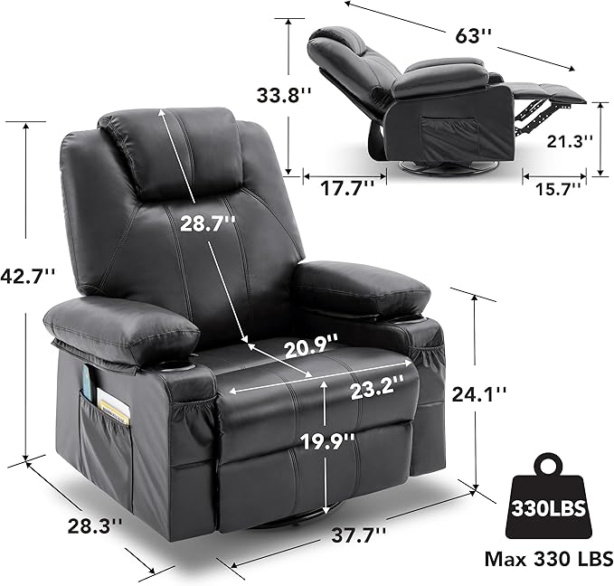 Oversized Swivel Rocker Recliner Chair with Heat and Massage 360 Degree Swivel Rocking Single Sofa with USB Port and Cup Holders Large Big Recliner Chair for Living Room(Leather Black)