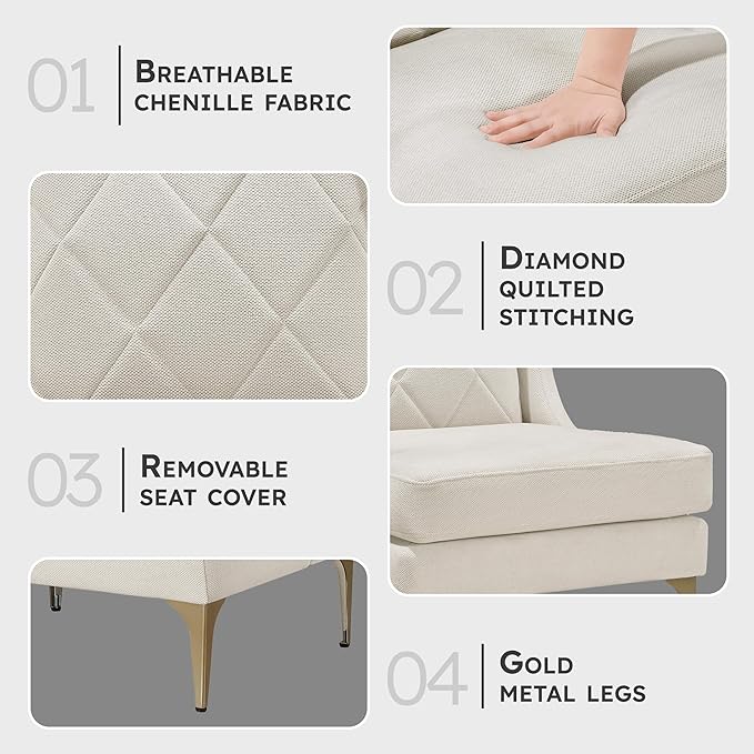 Lexicon Modern Accent Chair Living Room Chenille Upholstered Single Sofa Chair with Gold Metal Legs Wing Back &amp Diamond Stitched Back Armchair for Bedroom/Office/Waiting Room Taupe