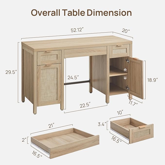 SICOTAS Rattan Executive Desk with Storage - Larger Home Office Desk with Drawers and Cabinets Farmhouse Boho Computer Table Vanity Desk for Study Office Living Room Light Oak (2 Pieces)