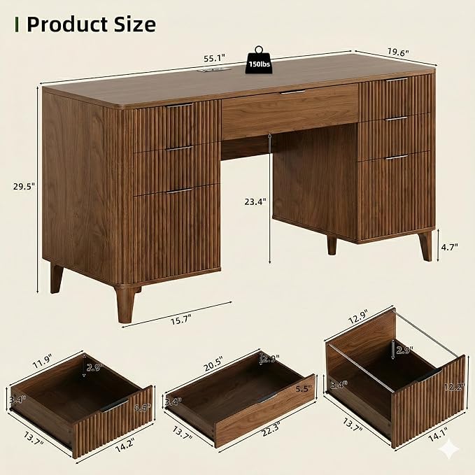 Walnut Desk with Drawers 55 Fluted Executive Desk with Storage Cabinet Wood Home Office Desk with File Cabinet Modern Computer Writing Desk for Study Living Room Bedroom