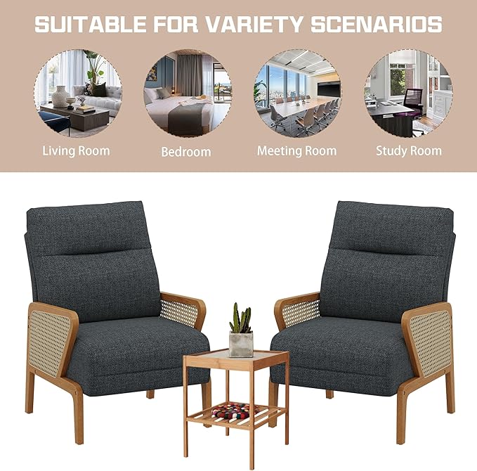 Alunaune Upholstered Living Room Chairs Accent Chair Armchair Natural Rattan Modern Slipper Club Chair Guest Reception Couch Comfy Single Sofa for Reading Bedroom-Dark Grey
