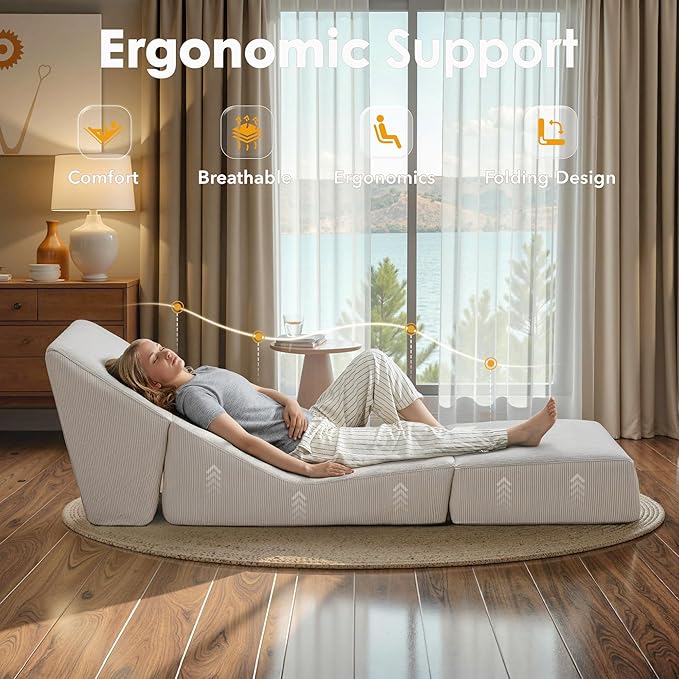 Folding Sofa Bed Convertible Sleeper Chair with Back Support Multifunctional Chaise Lounge Chair Corduroy Single Floor Couch for Small Space Apartment Dorm Office White